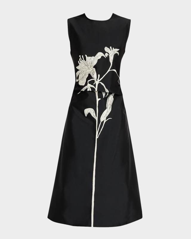 Lavender Embroidered Floral Silk Midi Dress