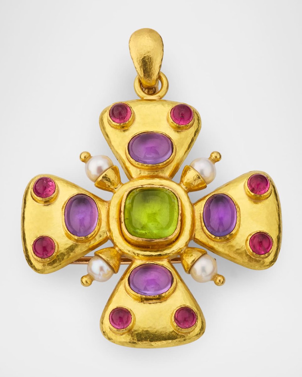 19k Yellow Gold Maltese Cross Sugarloaf Gemstone and Pearl Pendant