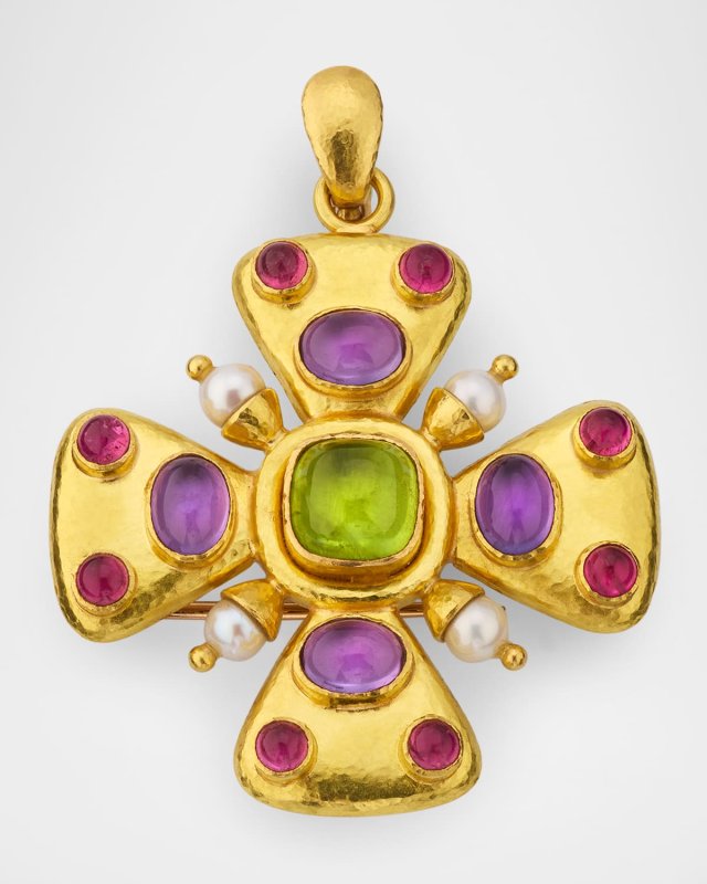 19k Yellow Gold Maltese Cross Sugarloaf Gemstone and Pearl Pendant