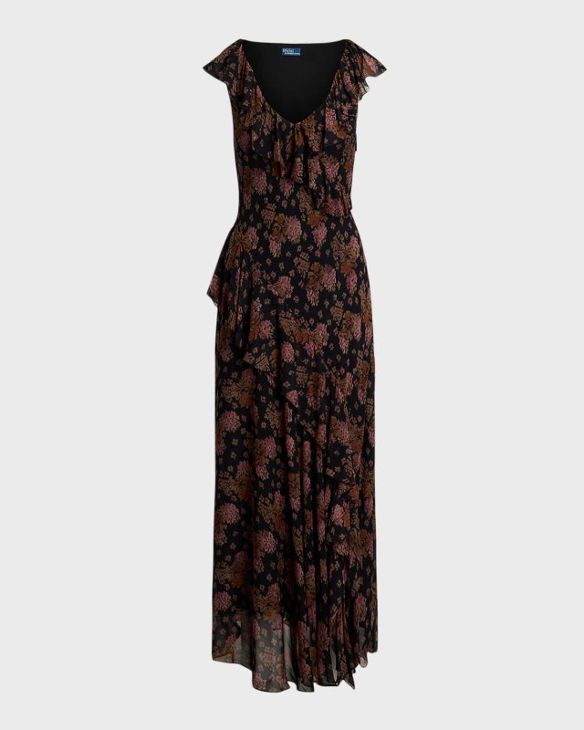 Floral Ruffle-Trim Georgette Maxi Dress