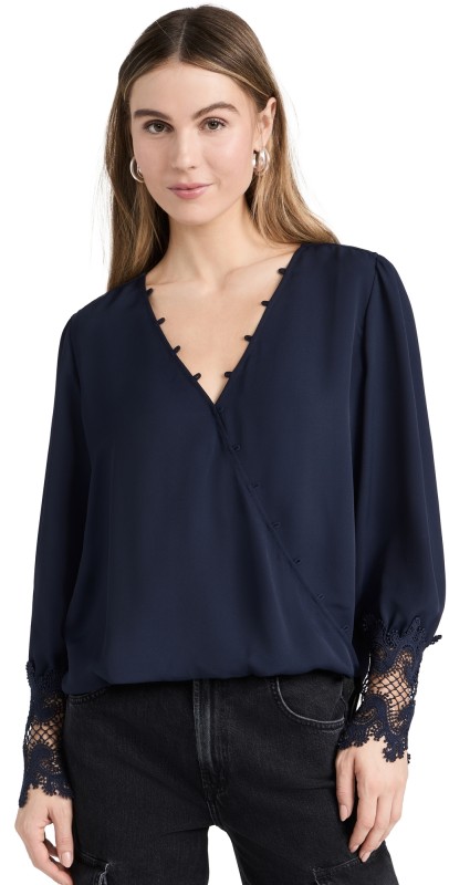 L'AGENCE Aarti Lace Cuff Cross Front Blouse Midnight
