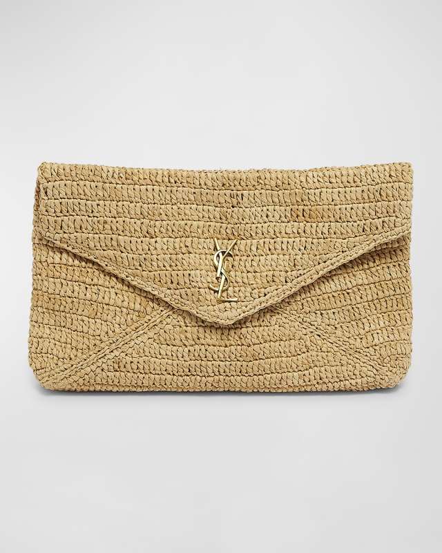 Large YSL Envelope Pouch Clutch Bag in Raffia & Leather
