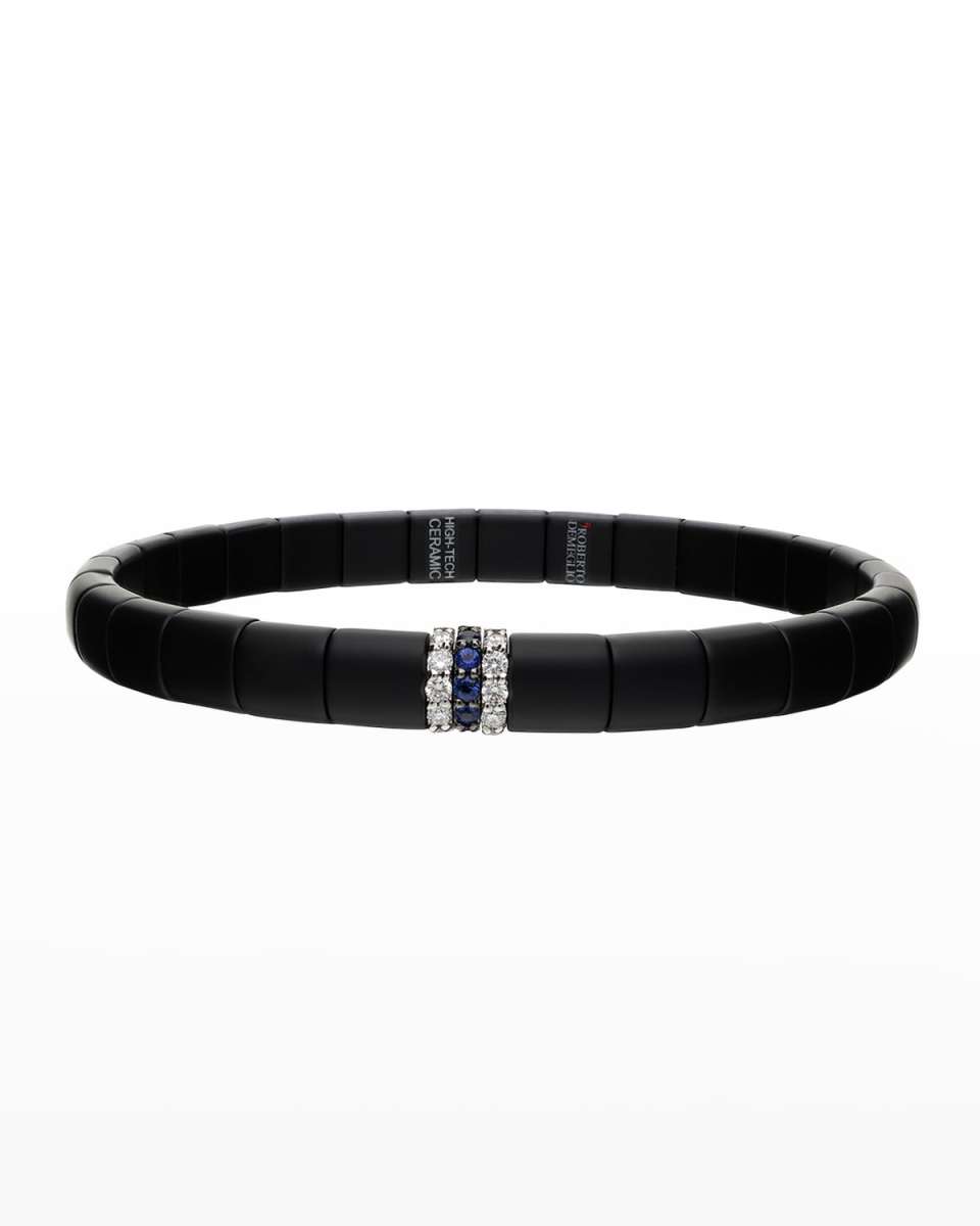 White Gold and Matte Black Ceramic Pura Stretch Bracelet with Diamonds and Blue Sapphires