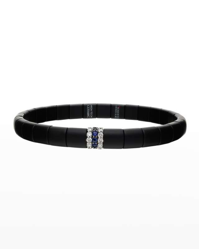 White Gold and Matte Black Ceramic Pura Stretch Bracelet with Diamonds and Blue Sapphires