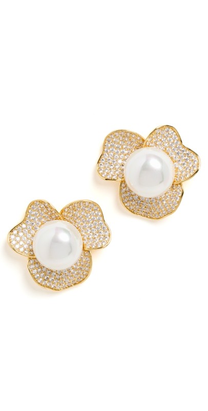 By Adina Eden Three Petal Pearl Stud Earrings Gold