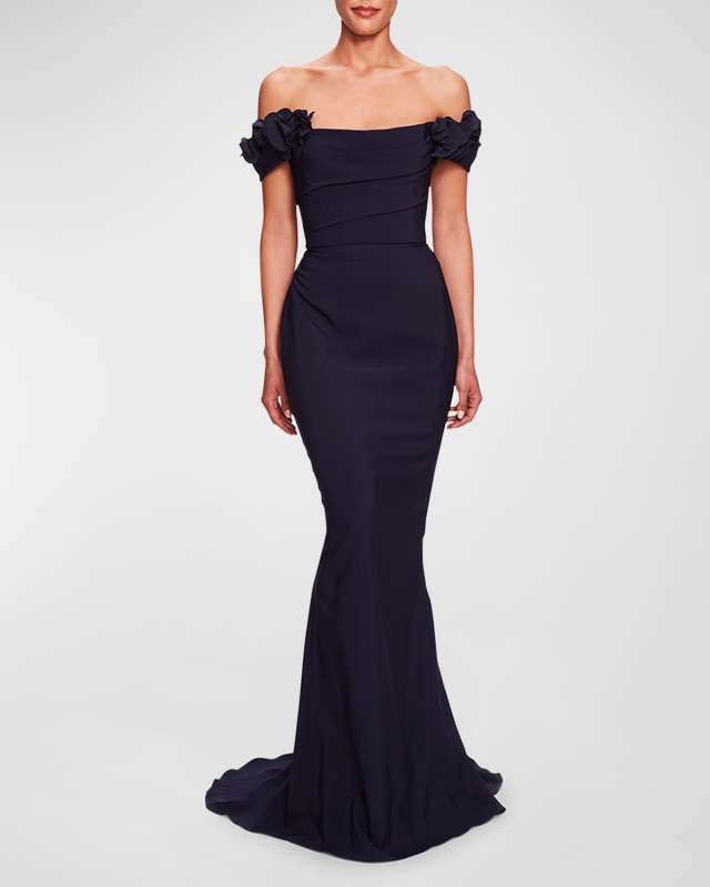 Flower-Applique Off-The-Shoulder Stretch Crepe Gown