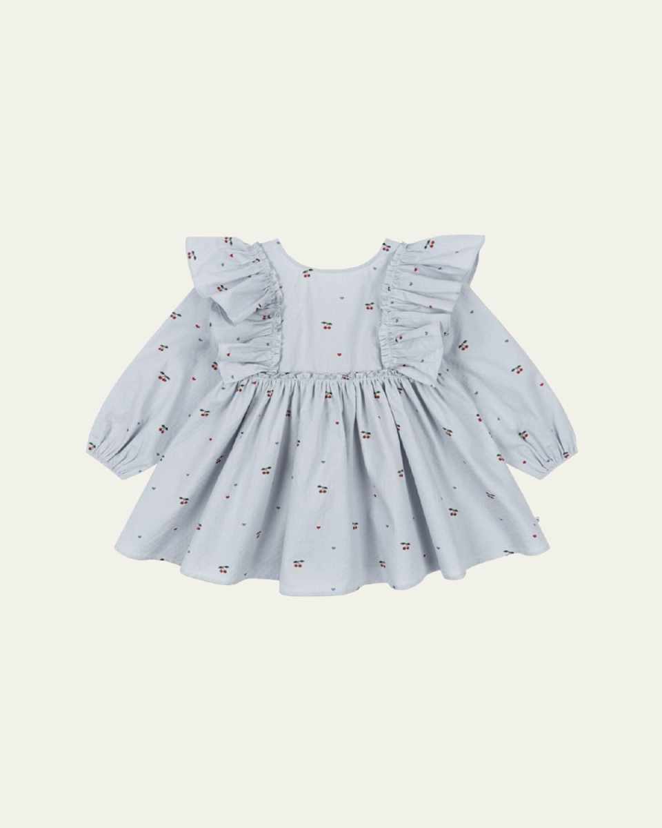 Girl's Evia Cherry-Print Frill Bow Dress, Size 18M-6