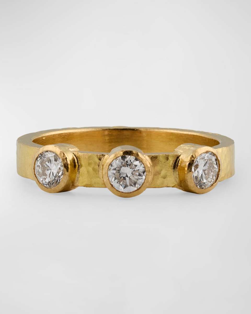 19K Yellow Gold 3 Diamond Flat Ribbon Stack Ring, Size 6.5