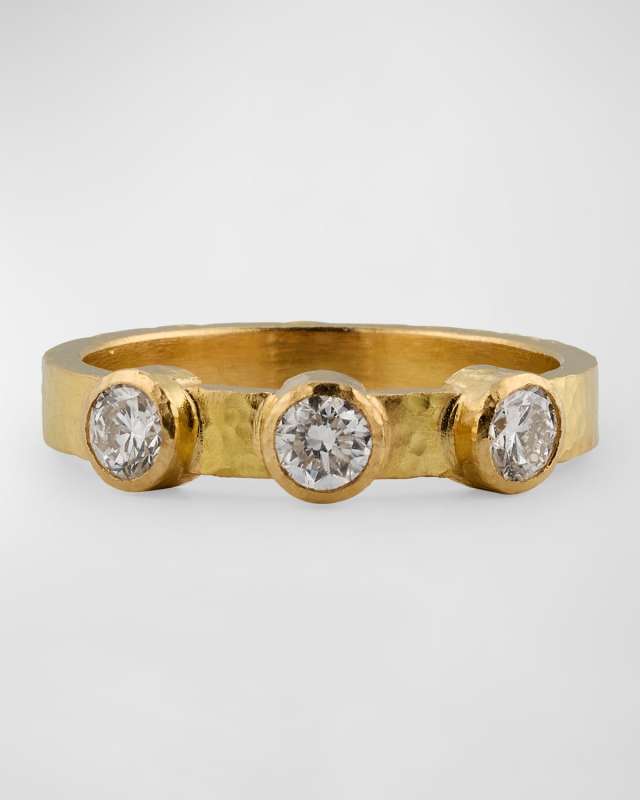 19K Yellow Gold 3 Diamond Flat Ribbon Stack Ring, Size 6.5