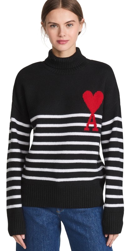 AMI ADC Striped Turtleneck Sweater Black/White