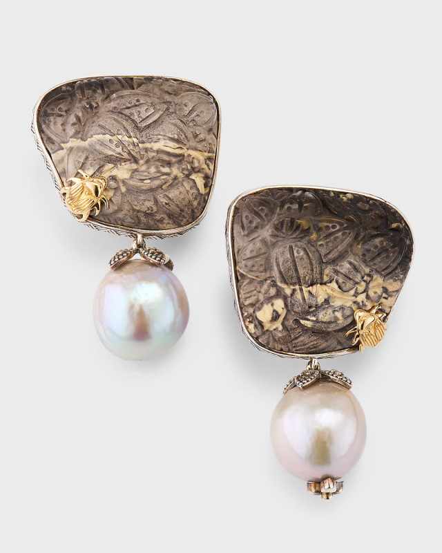 Hand Carved Opal and Baroque Pearl Earrings