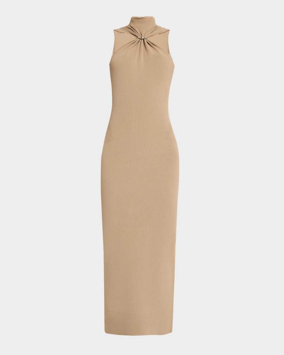 Angelica Gathered Turtleneck Sleeveless Rib Gown