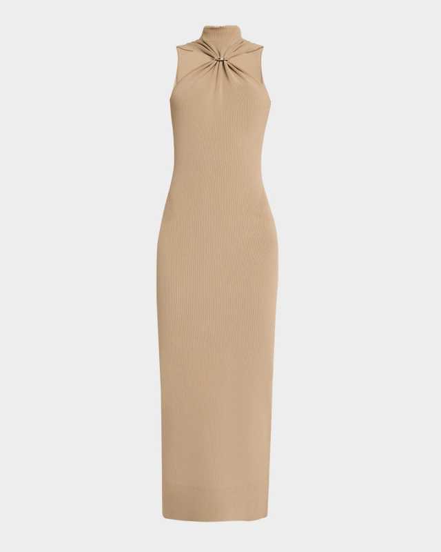 Angelica Gathered Turtleneck Sleeveless Rib Gown