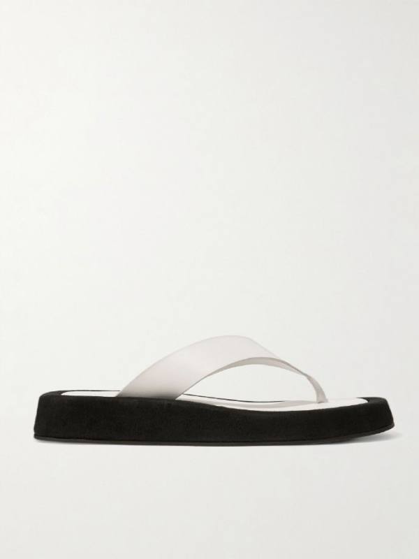 The Row Ginza two-tone leather and suede platform flip flops