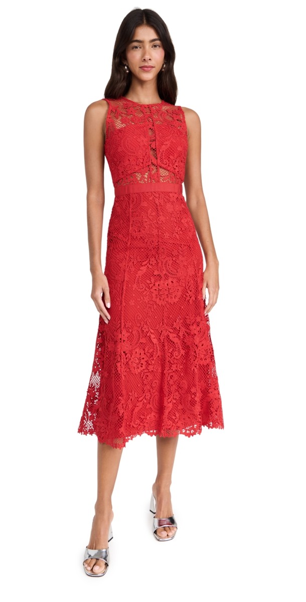 Self Portrait Red Lace Midi Dress Red