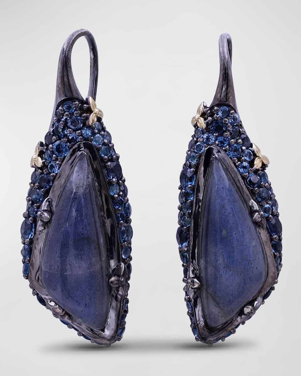 Moonstone and Blue Topaz Earrings in Blackened Sterling Silver with 18K Gold Flowers