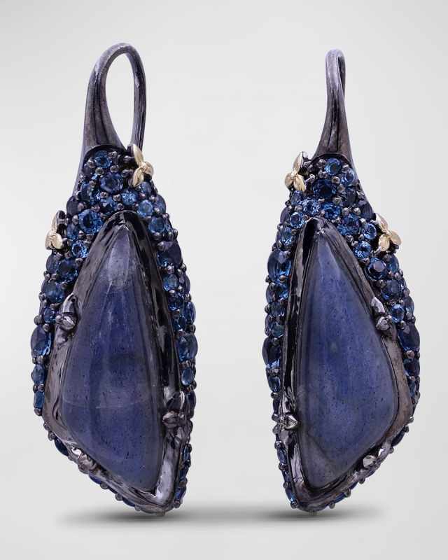 Moonstone and Blue Topaz Earrings in Blackened Sterling Silver with 18K Gold Flowers