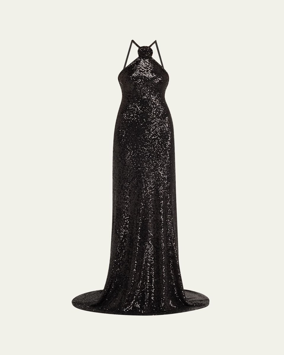 Rosette Sequin Backless Halter Gown