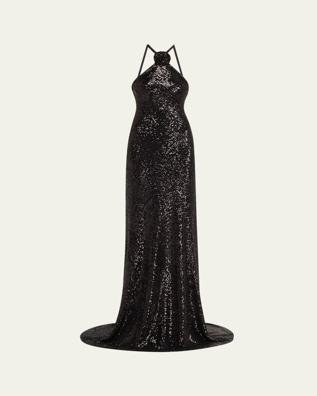 Rosette Sequin Backless Halter Gown