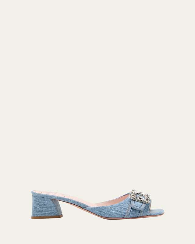 Denim Crystal Buckle Mule Sandals