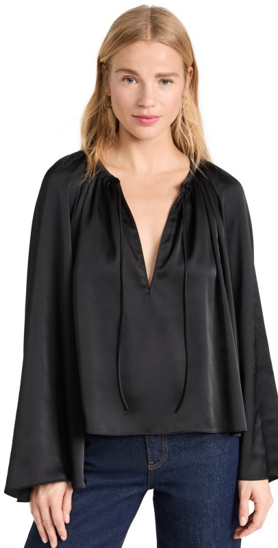 FRAME V Neck Shirred Blouse Black