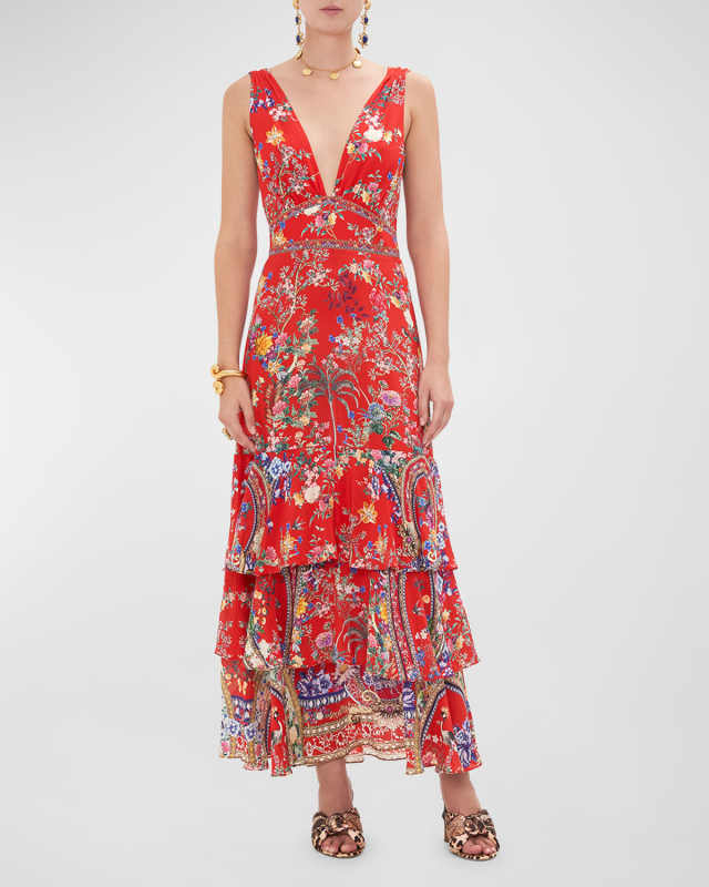 Floral Silk Tiered Tie-Back Ruffle-Hem Dress