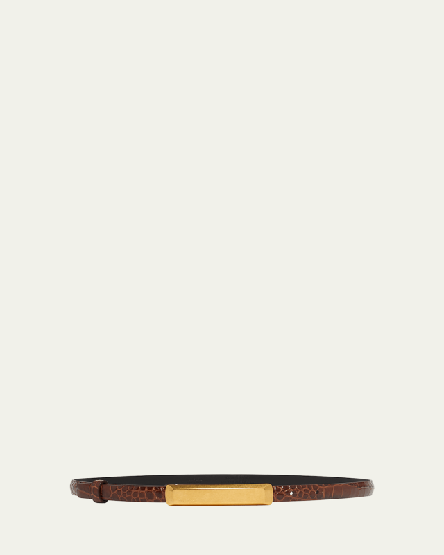 Croc-Embossed Leather Skinny Belt
