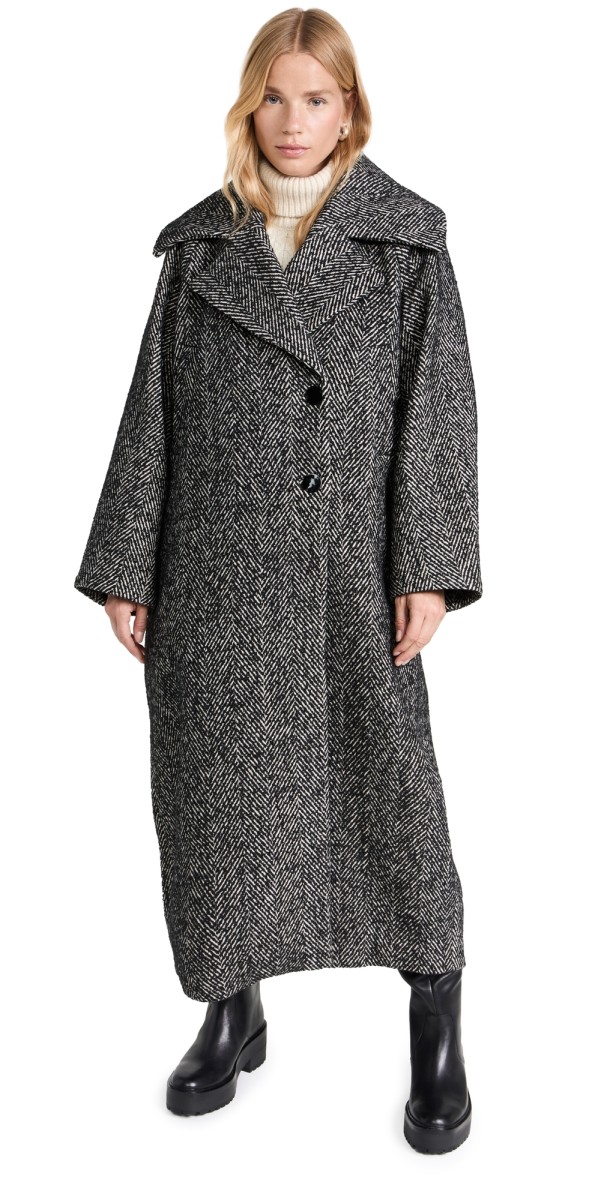 GANNI Herringbone Wool Coat Black