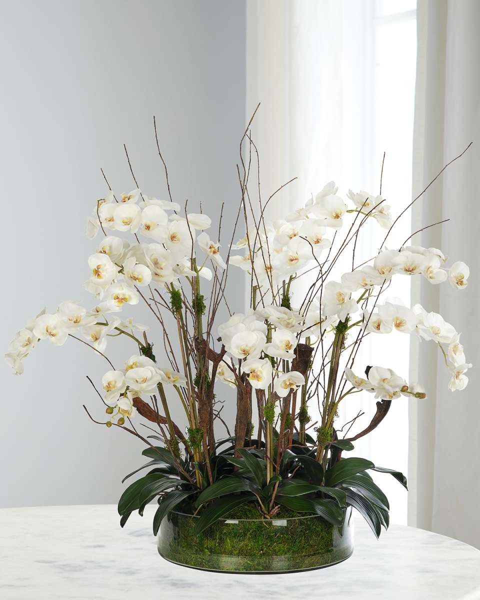 White Phalaenopsis Orchids 42" Faux Floral Arrangement in a Moss Glass Bowl