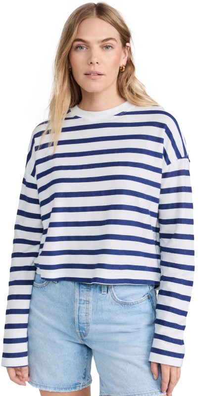 ASKK NY Printed Cropped Long Sleeve Top Thin Navy Stripe