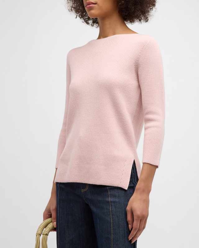 Ribbed 3/4-Sleeve Boatneck Sweater