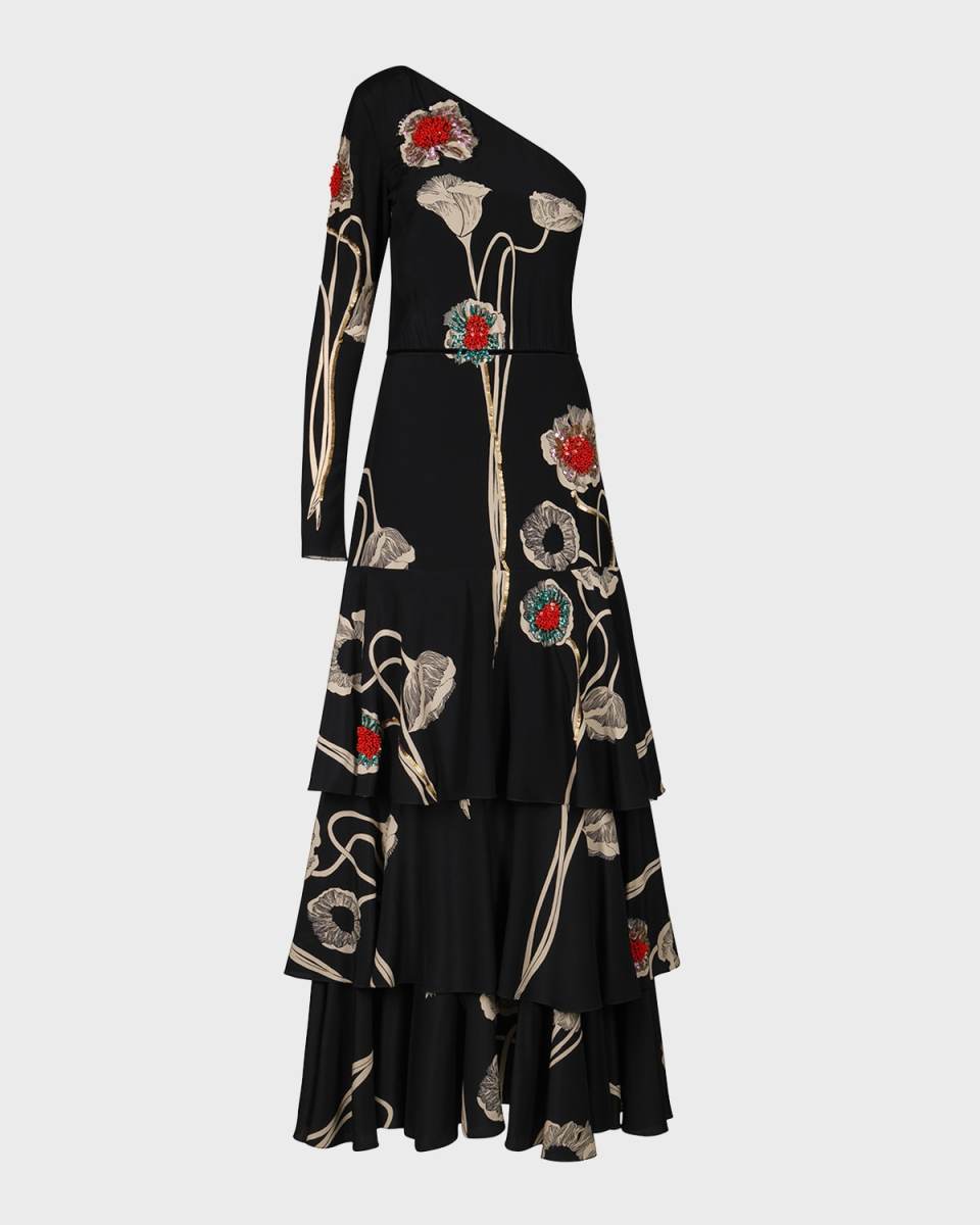 Peace Poetry One-Shoulder Tiered Maxi Dress