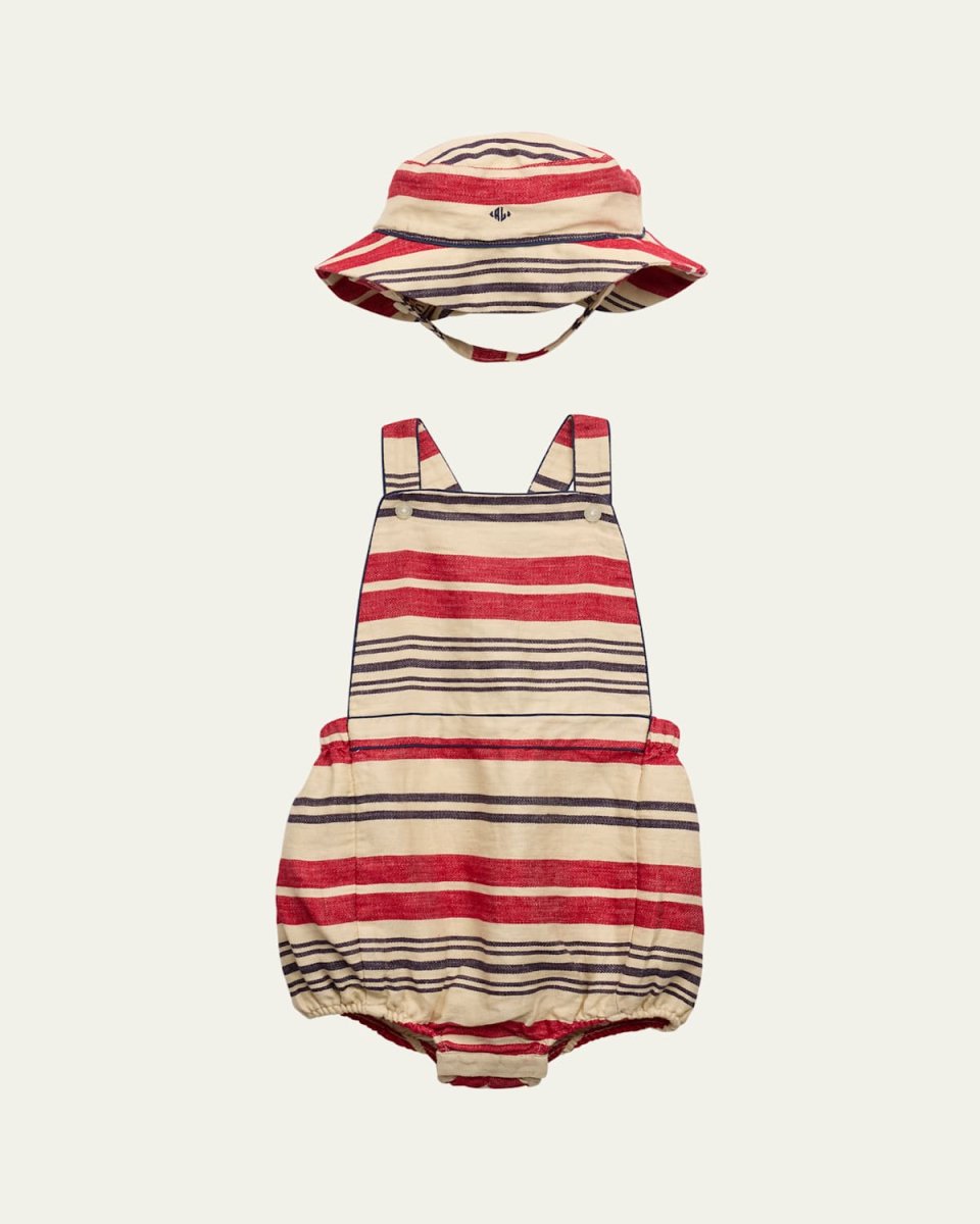 Boy's Linen Striped Bubble Shortalls and Hat Set, Size 9M-24M