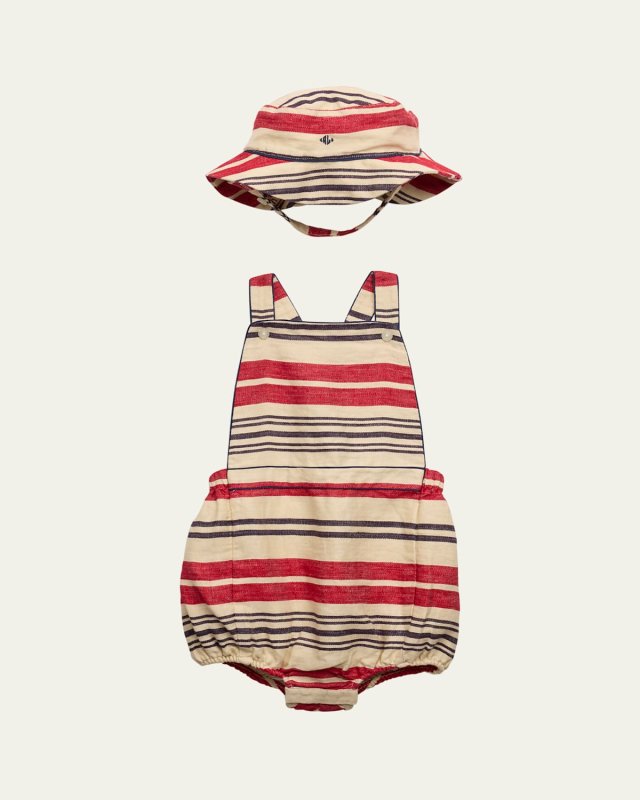 Boy's Linen Striped Bubble Shortalls and Hat Set, Size 9M-24M
