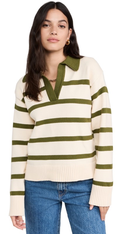 English Factory Striped Collared Sweater Cream/Olive