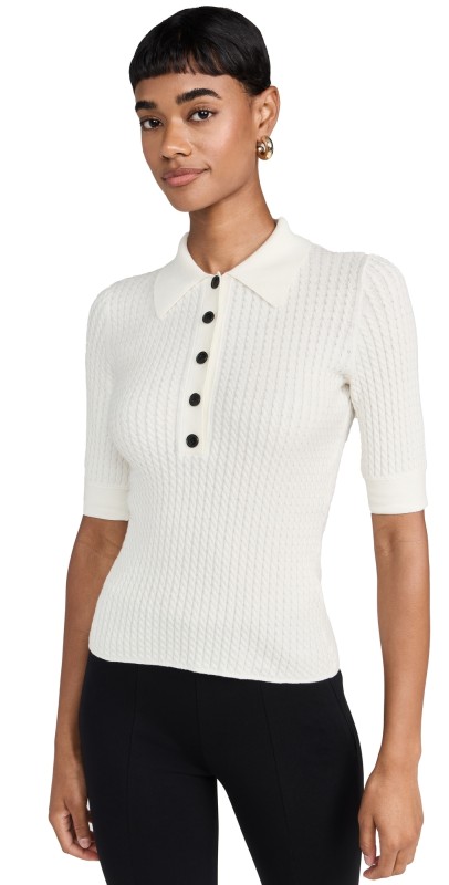 Proenza Schouler White Label Cooper Knit Polo in Micro Cable Off White