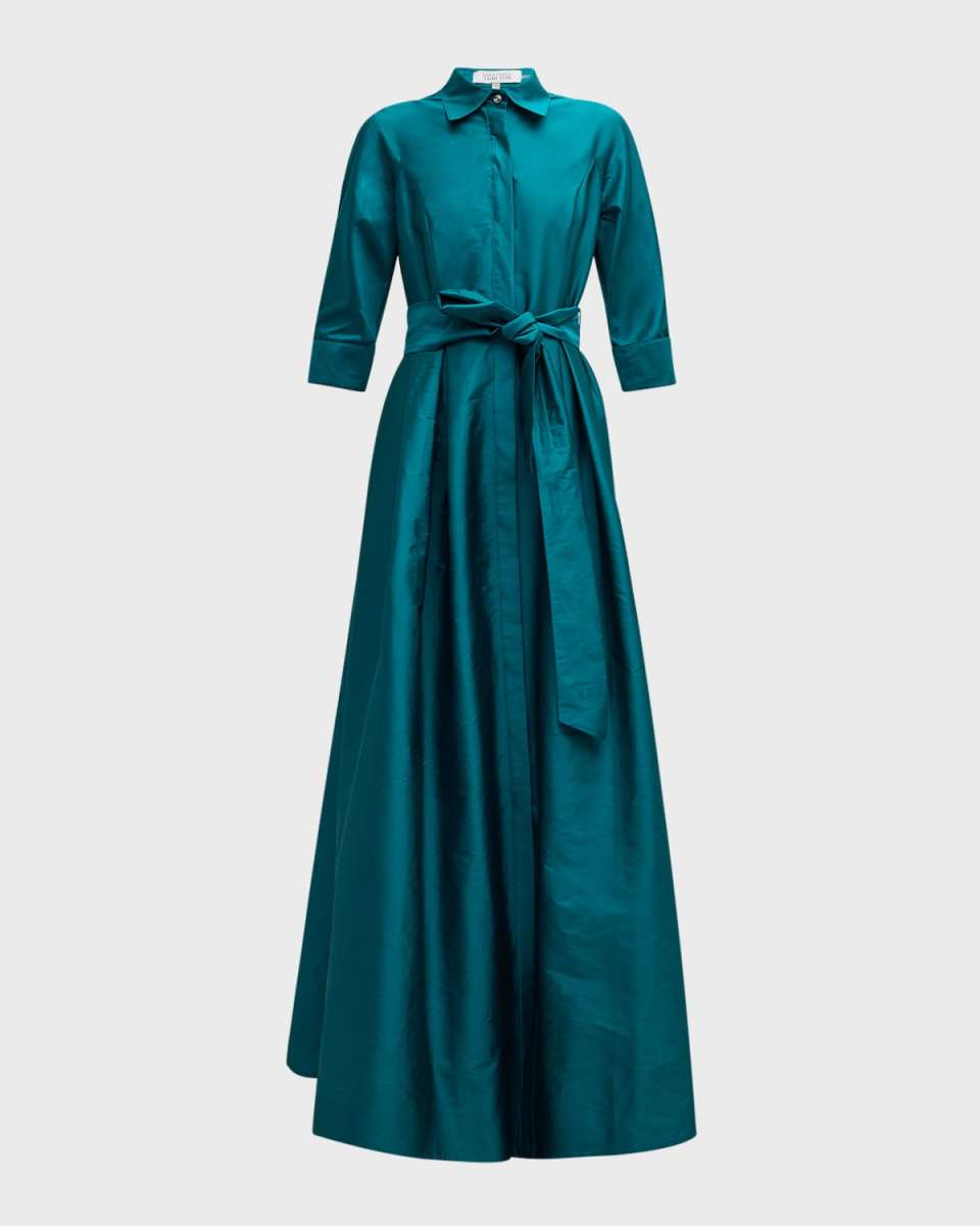 Belted A-Line Taffeta Shirt Gown