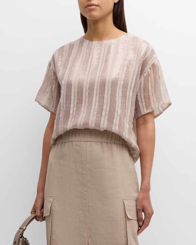 Sequin Stripe Short-Sleeve Crewneck Silk Blouse