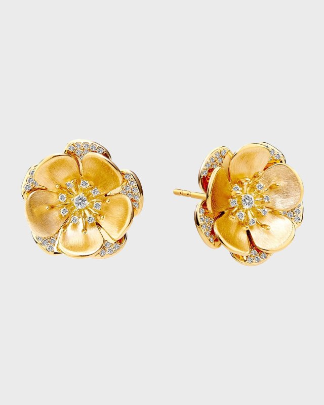 18k Yellow Gold Diamond Flower Stud Earrings
