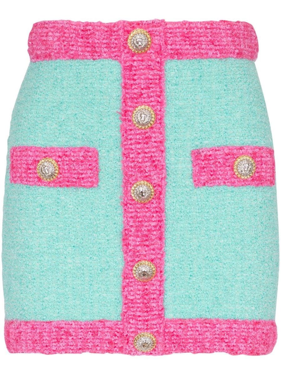button-embellished bouclé mini skirt
