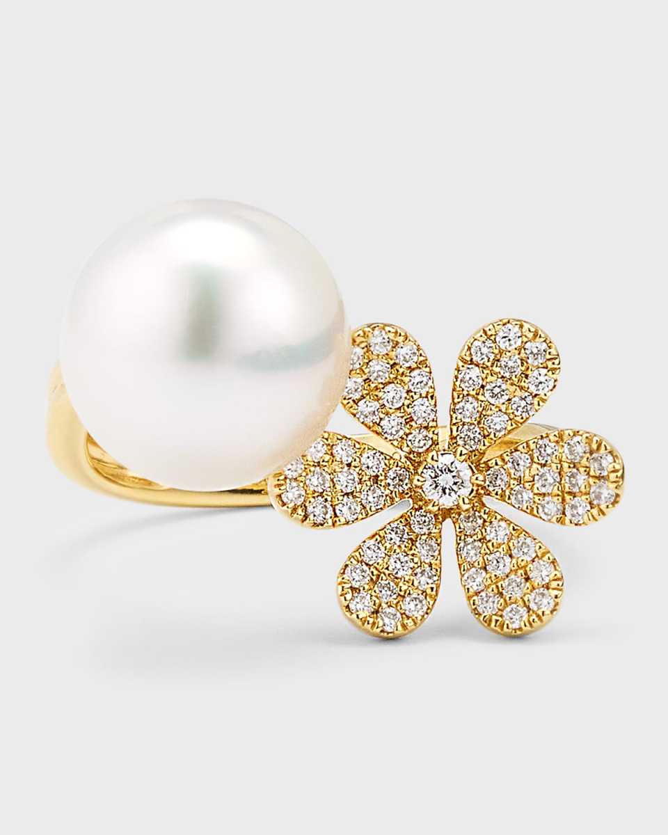 18K Yellow Gold South Sea Pearl and Daisy Flower Pot Ring, Size 6.5