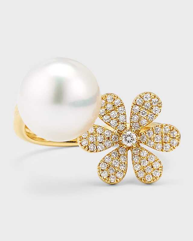 18K Yellow Gold South Sea Pearl and Daisy Flower Pot Ring, Size 6.5