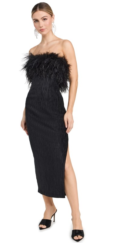 Saylor Van Crinkle Velvet Feather Midi Dress Black