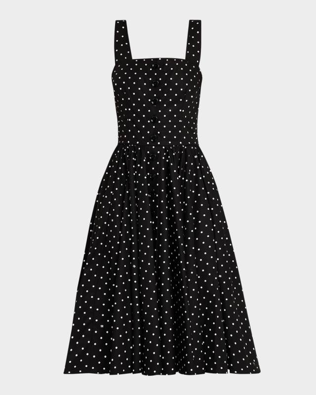 DG Polka Dot Sleeveless Button-Front Cotton Popeline Midi Sundress