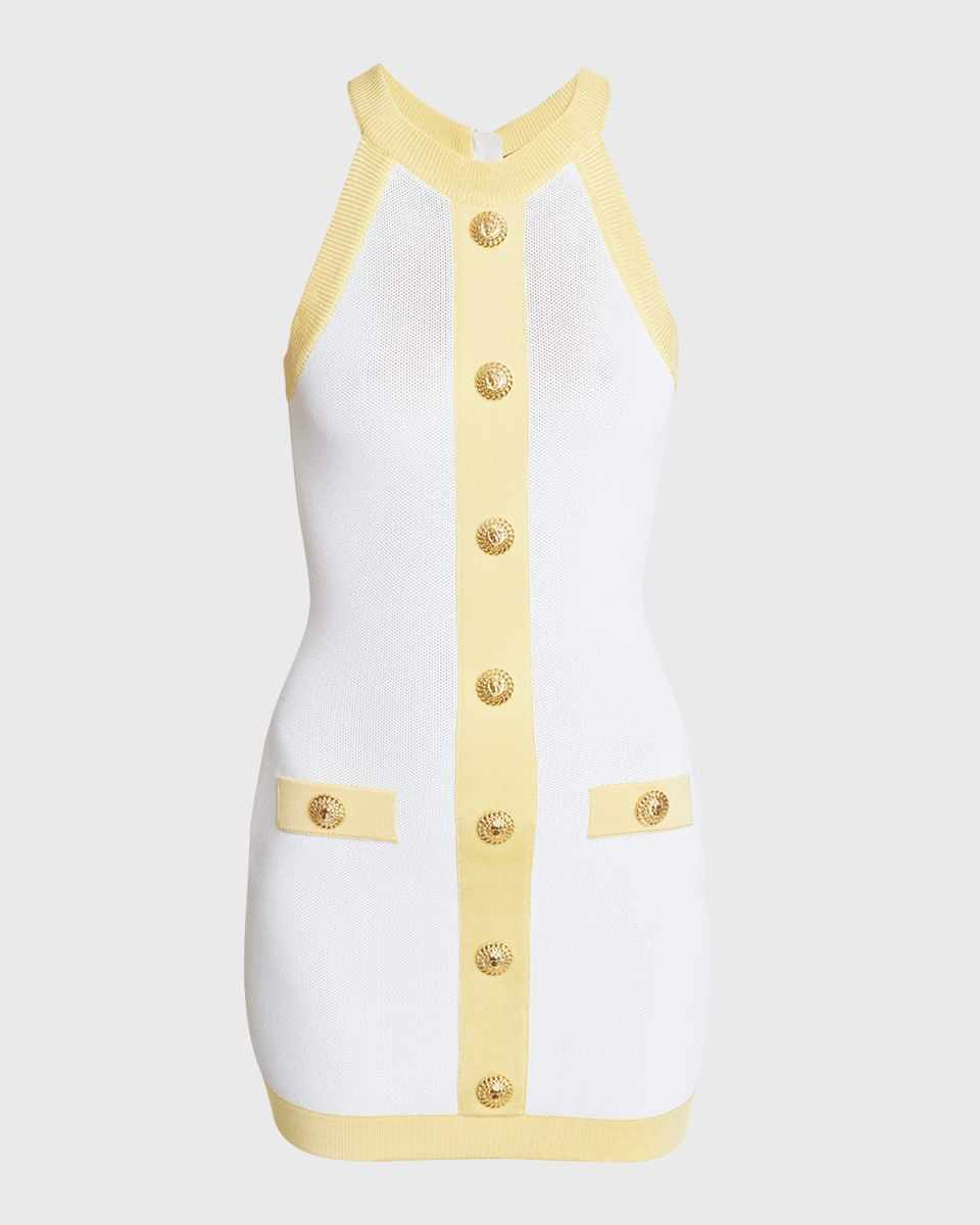 Halter Button-Front Pointelle Knit Mini Dress