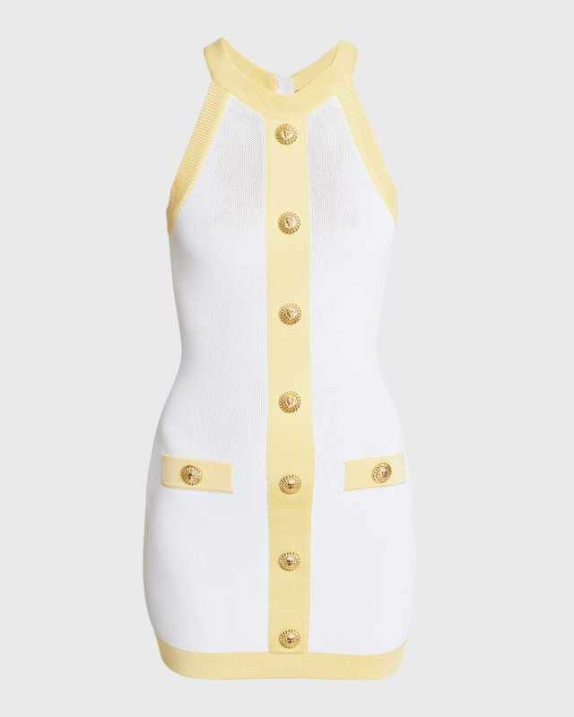 Halter Button-Front Pointelle Knit Mini Dress