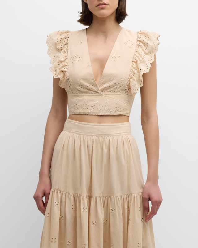 Aya Cropped Eyelet-Embroidered Ruffle Wrap Top