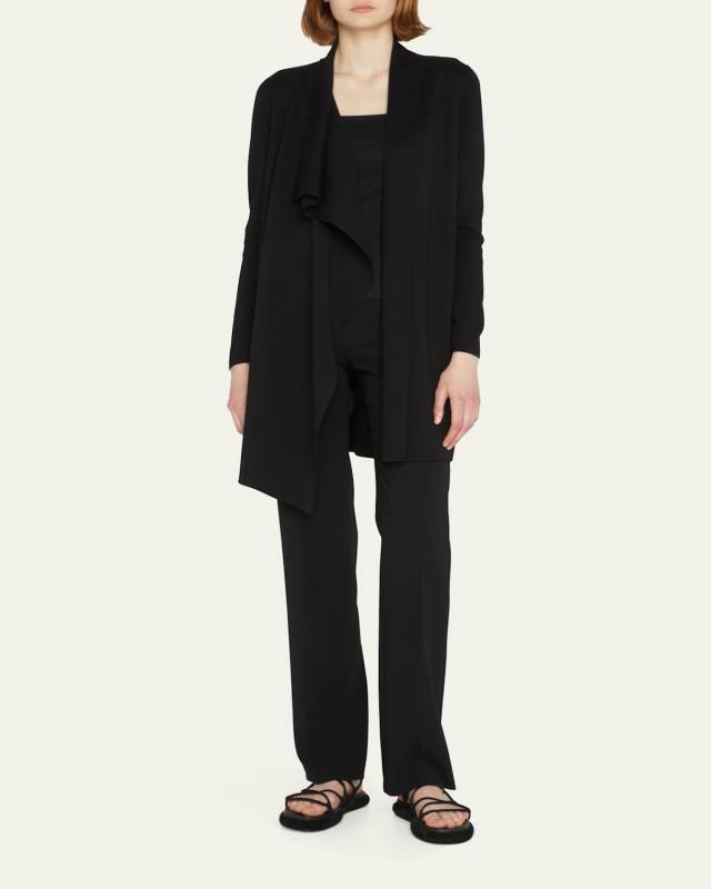 Long-Sleeve Ruffle-Front Cardigan, Black