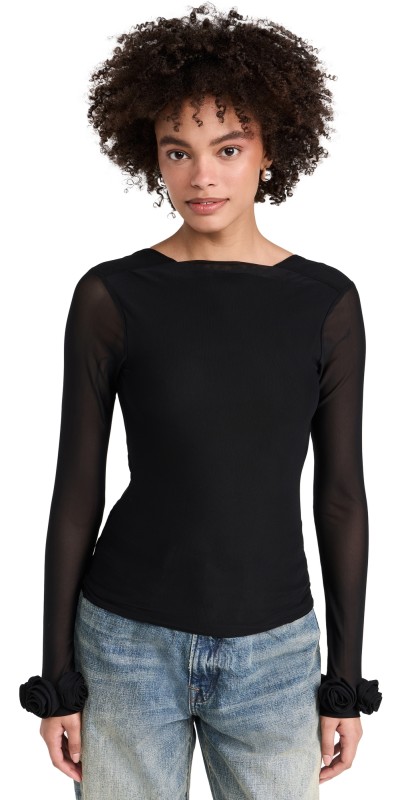 AFRM Lavi Open Back Mesh Rosette Detail Top Noir