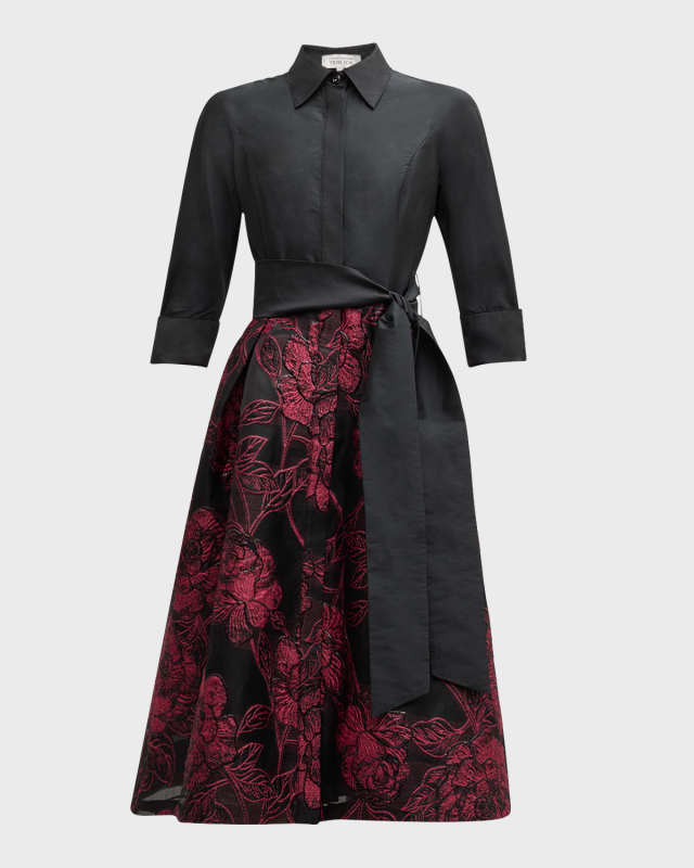 Tie-Waist Floral Jacquard Midi Shirtdress